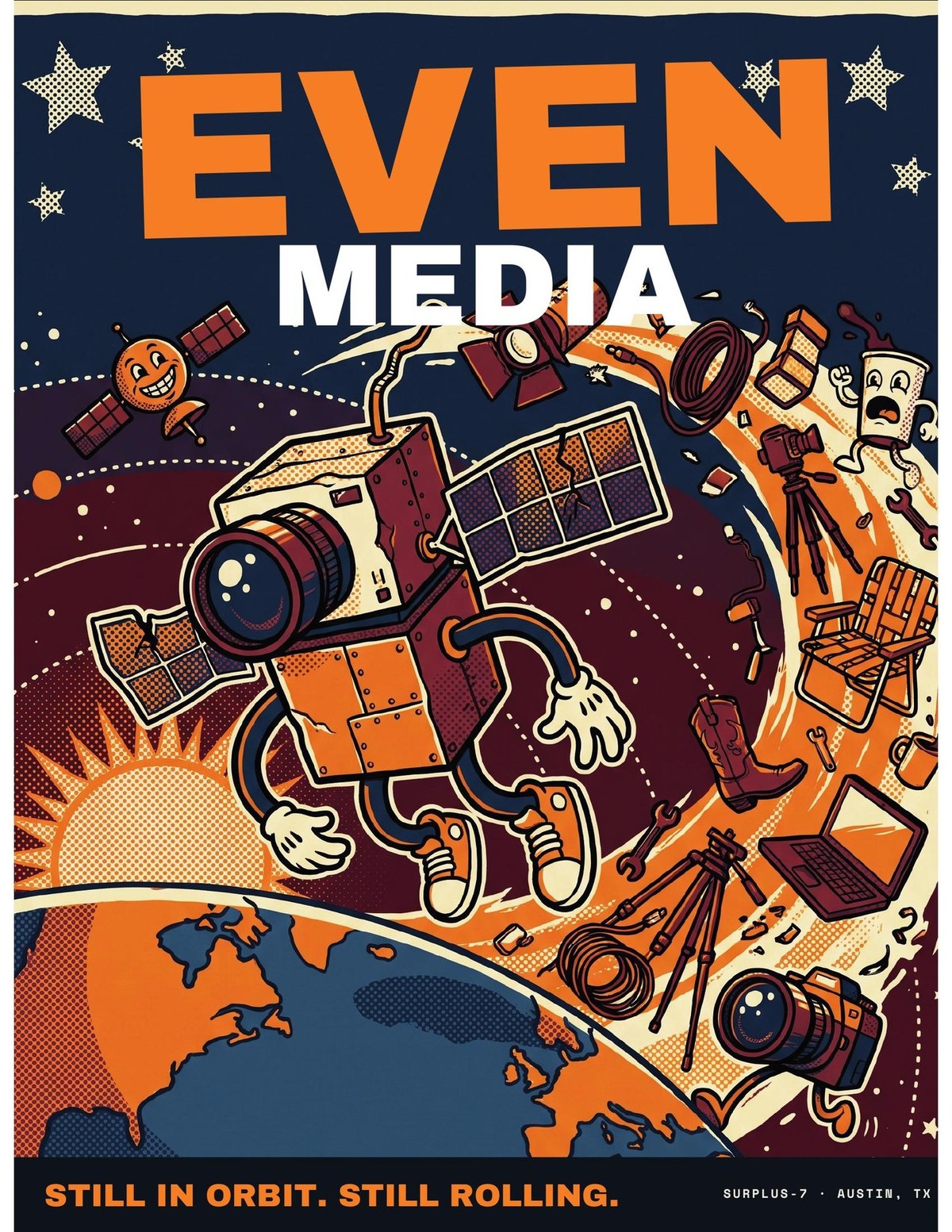 EVEN Media screen-print poster: Surplus 7 tumbling through an arc of orbiting production junk above Earth